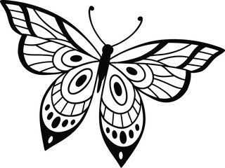 Drawing butterfly. Stencil butterfly, moth wings and flying insect. Butterflies tattoo sketch, fly insect black hand drawn engraving. Isolated vector illustration icon.