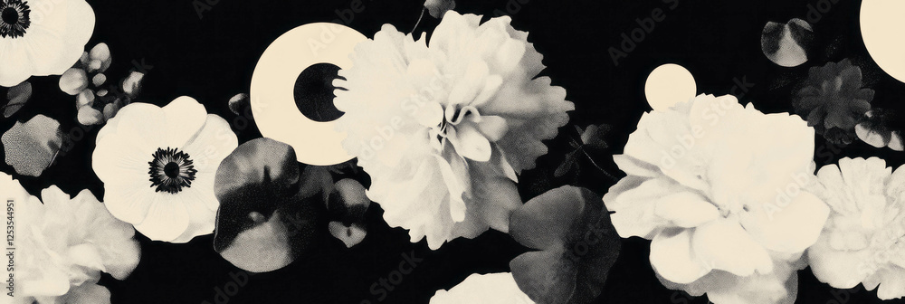 Poster Seamless abstract flower pattern with African textures and contrasting circles in black and white