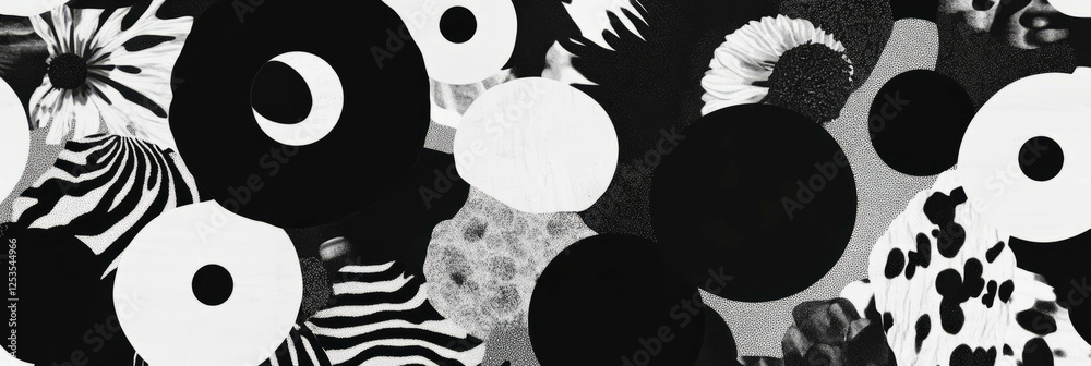 Poster abstract flowers in a circular pattern with african textures in black and white