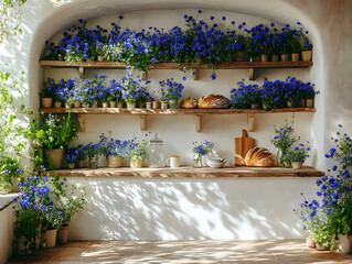 Rustic Countryside Kitchen Filled With Sunlight and Greenery, Highlighting a Loaf of Bread on a Wooden Floor With Fresh Flowers in View