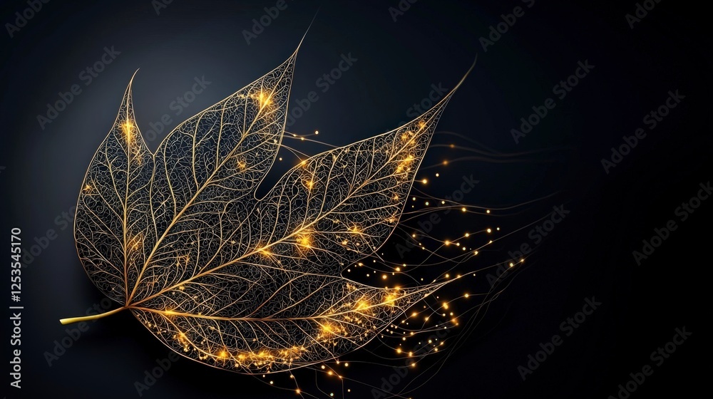 Poster intricate golden leaf patterns nature scene imagery dark background close-up view beauty in simplici