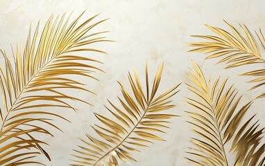 Fototapeta premium Gold toned palm leaves with elegant botanical design on beige canvas for tropical luxury wall art and modern digital decoration