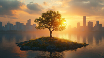 Fototapeta premium Sunset Cityscape Lone Tree on Island