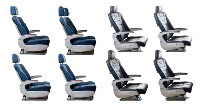 Modern Airplane Seats in Various Positions and Designs for Travel, isolated on transparent background