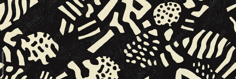 Poster intricate black and white seamless pattern of interlocking floral shapes with african textures