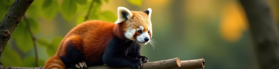 Obraz premium A red panda comfortably settled on a branch, looking out , branch, animal photography, red panda in tree