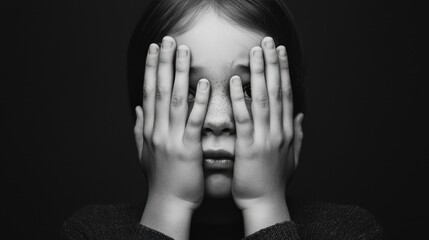 A child covers their face with hands, conveying emotions of fear, sadness, or shyness in a stark black and white setting.