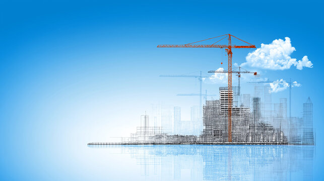Blueprint Metropolis: A construction crane looms over a detailed architectural blueprint of a modern city reflected in tranquil water, symbolizing growth, innovation, and urban development. 