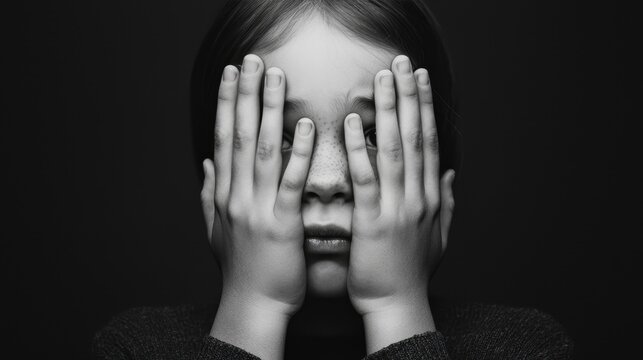 A child covers their face with hands, conveying emotions of fear, sadness, or shyness in a stark black and white setting.
