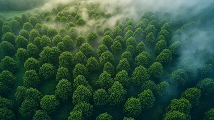 Obraz premium Misty Green Forest Aerial View Lush Trees Nature Ecology