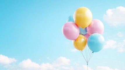 Naklejka premium Pastel balloons float against a blue sky