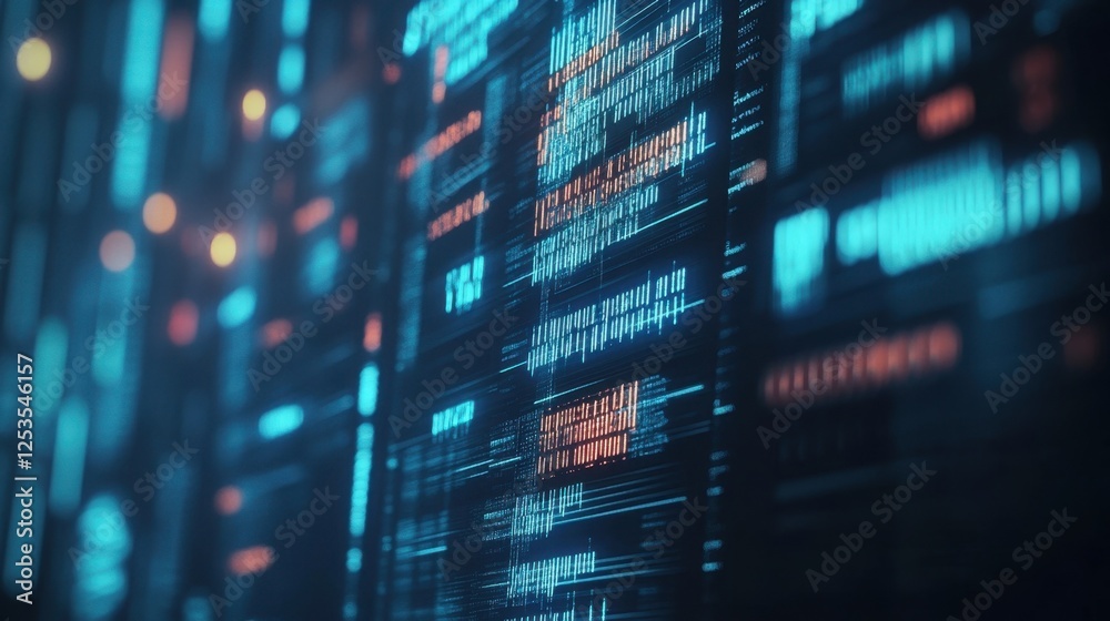 Poster abstract visualization of digital data streams flowing across a futuristic interface, showcasing hig