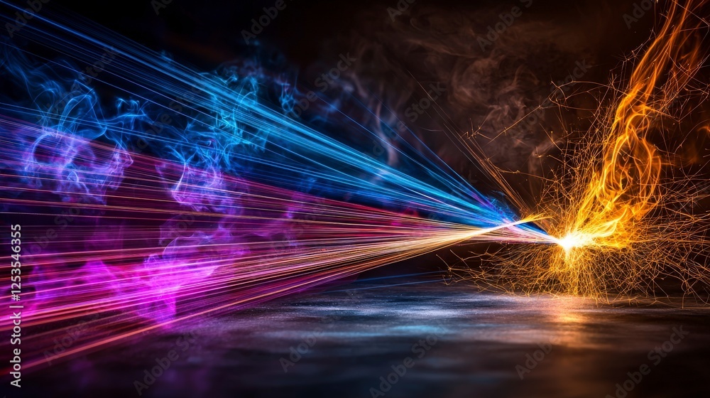 Poster dynamic laser light trails cutting through air in vivid colors abstract art scene bright atmosphere 
