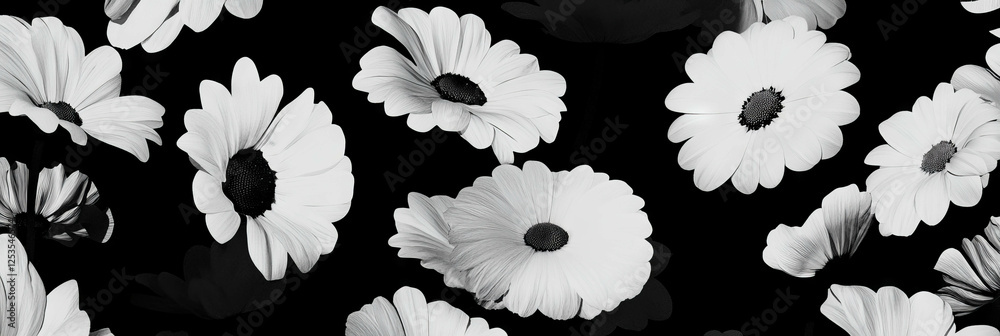 Poster seamless pattern of abstract blossoms with contrasting textures in black and white