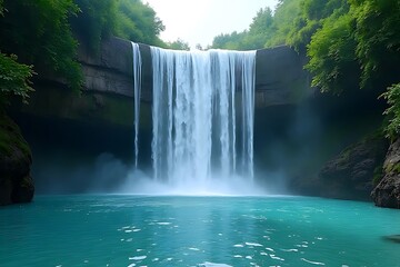 Fototapeta premium Serene Waterfall Cascading Into Tranquil Turquoise Pool Surrounded By Lush Green Foliage