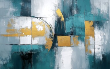 Contemporary abstract painting with gold and teal geometric shapes featuring luxury metallic textures and modern art composition for stylish home and office interior decoration and digital wall art
