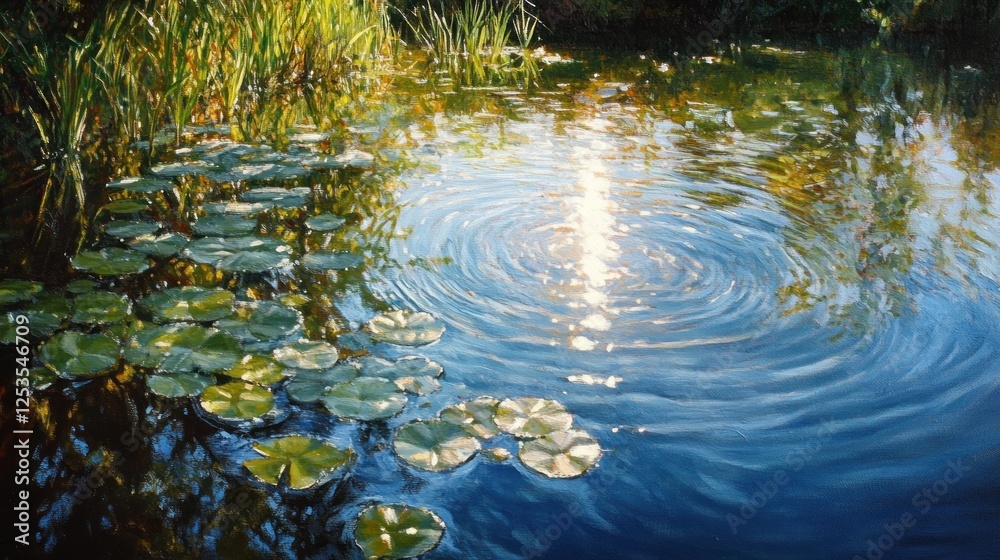 Canvas Prints Serene Pond: Lily Pads and Ripples in Sunlight