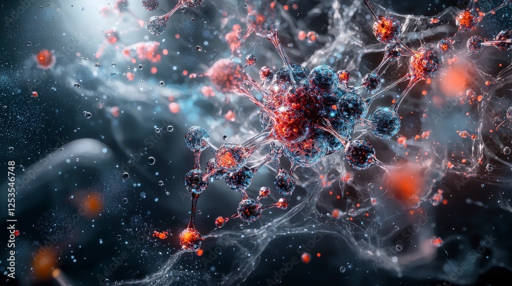Poster Dynamic molecular structures depicted as interconnected spheres abstract science visualization digital art laboratory setting