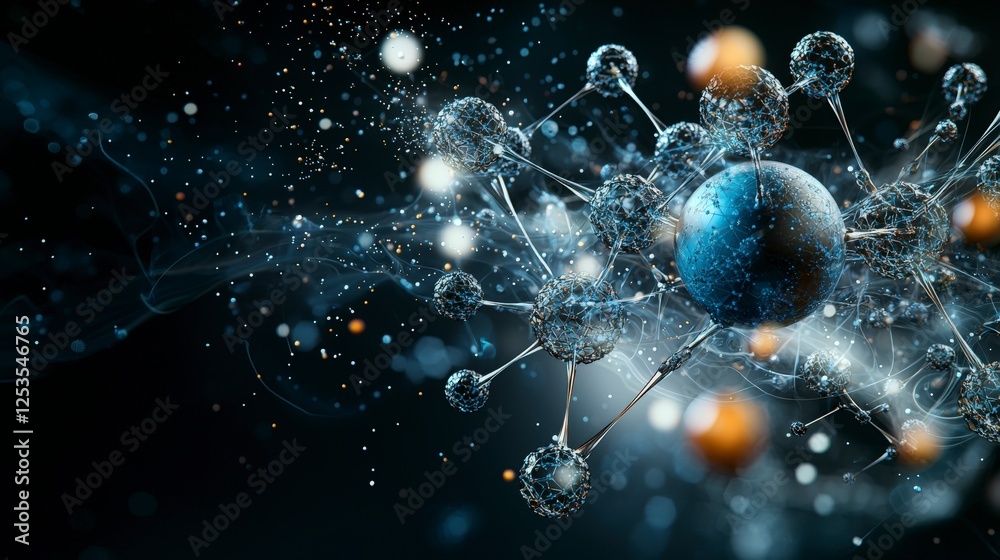 Poster Abstract science visualization close-up of interconnected spheres and molecular structures in a futuristic setting