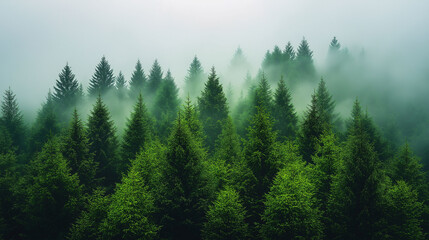 Fototapeta premium Misty Evergreen Forest Coniferous Trees Nature Background