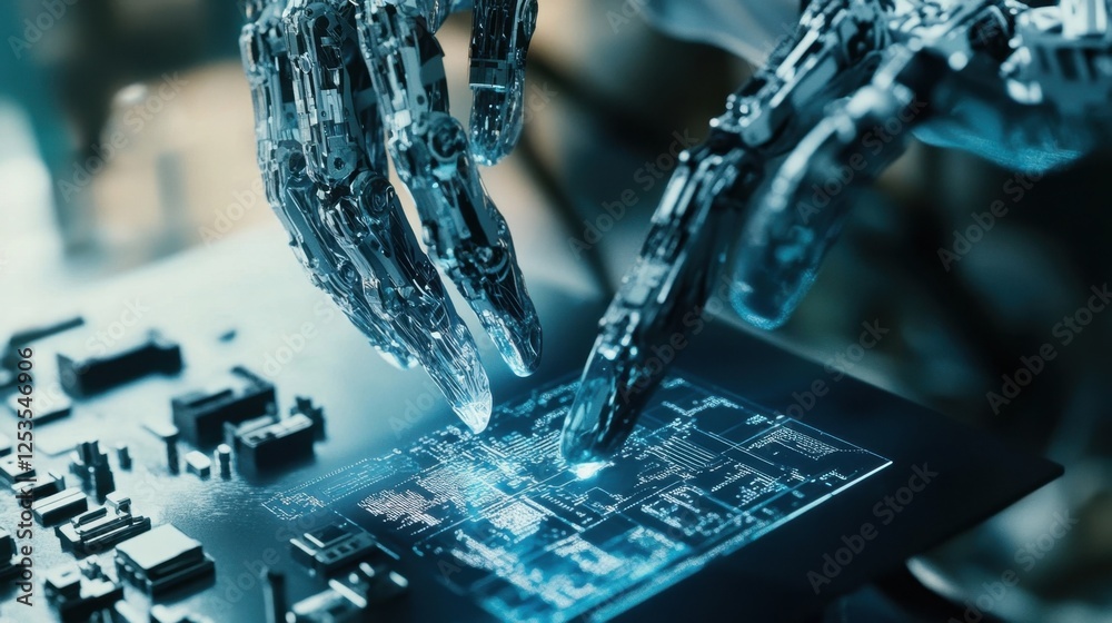 Poster advanced robotic hands engage with a glowing digital circuit board, symbolizing the intersection of 