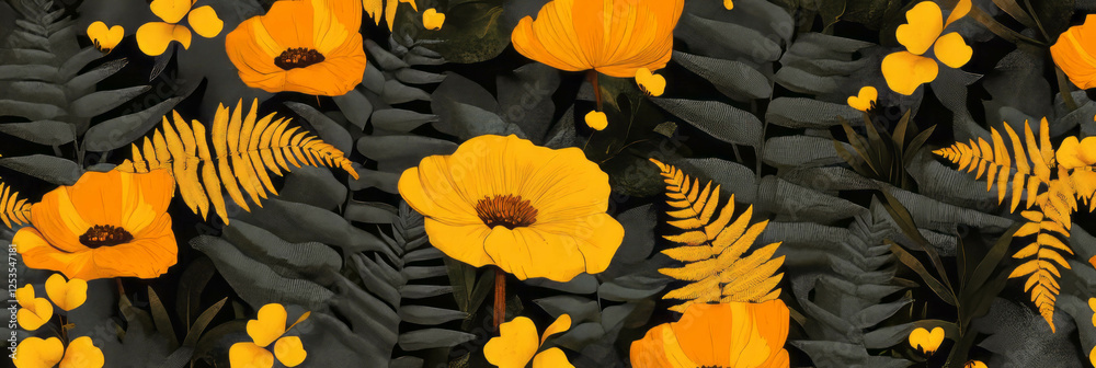 Poster dense stylized leaves and flowers create an intricate african inspired pattern background