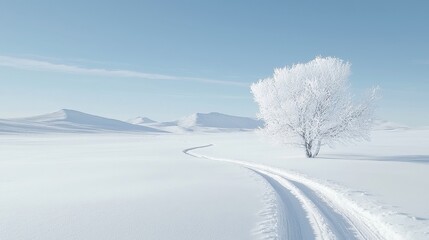 Obraz premium Silent Frost, a vast expanse of untouched snow glistens under a pale sky, creating an atmosphere of eerie tranquility and inviting exploration of its pristine beauty.