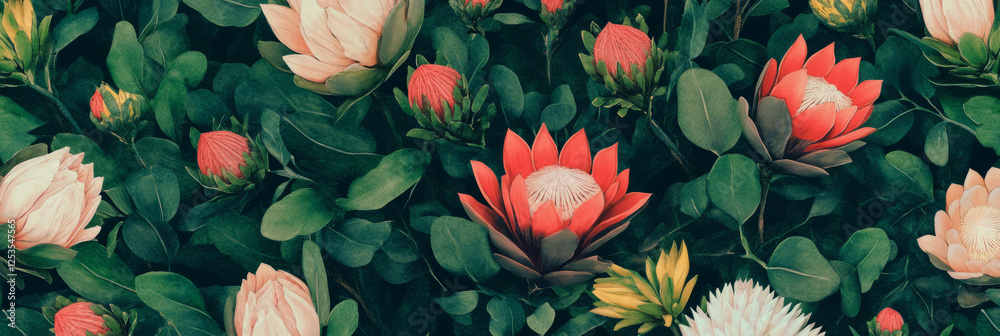 Poster circular arrangement of proteas with african motifs for seamless pattern design