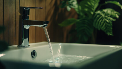 Water flows steadily from a sleek faucet into a clean white sink, surrounded by lush green plants in a peaceful bathroom