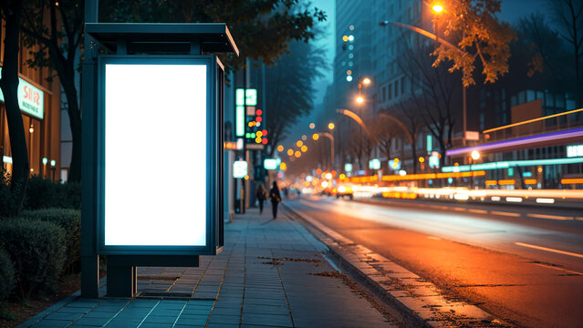 Blank Bus Stop Advertisement Panel at Night with Blurred City Traffic