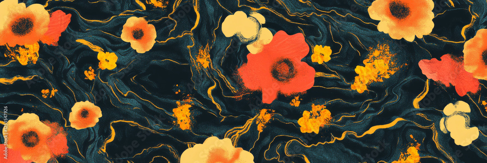 Poster seamless pattern of interlocking floral motifs with african-inspired designs and textures