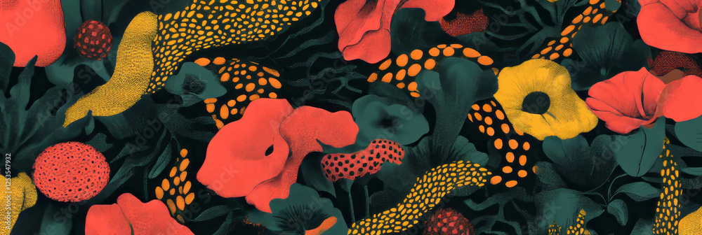 Poster intricate interlocking floral pattern with african influences in vibrant colors and textures