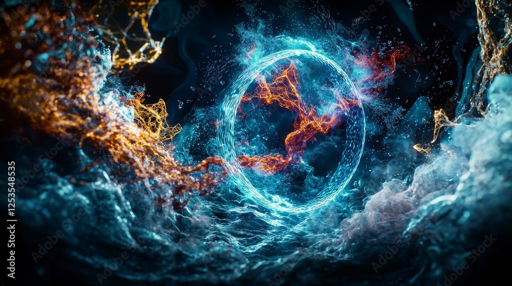 Poster Rhythmic patterns of expanding and contracting shapes in energy waves abstract digital art vibrant colorful environment