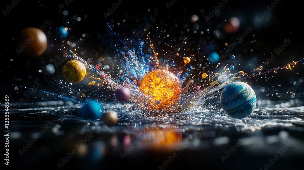 Leinwandbilder dynamic celestial bodies orbiting in water splash cosmic scene 3d animation dark environment high-de