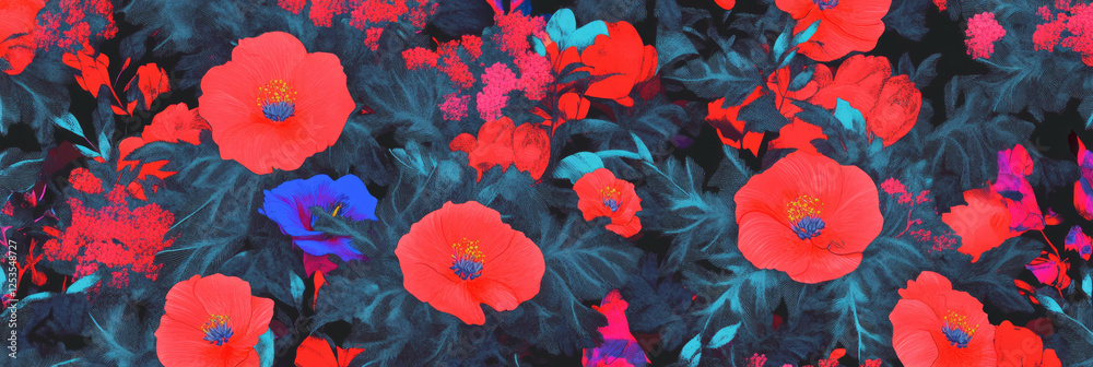 Poster vibrant repeating pattern of abstract blossoms with african textures and high contrast elements