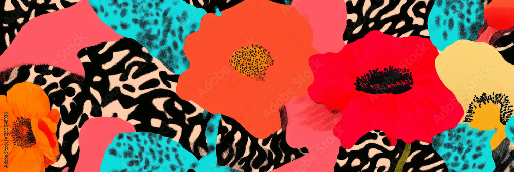 Poster bold floral arrangement with geometric shapes and african textures in seamless pattern design