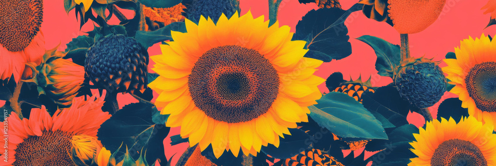 Poster seamless pattern of stylized sunflowers with geometric patterns for vibrant banner designs