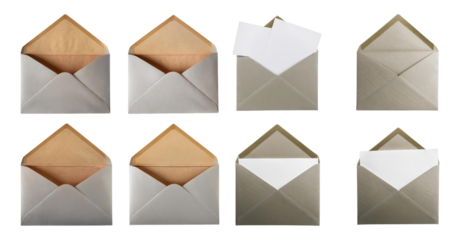 Various Envelopes with Different Colors and Closure Styles, isolated on transparent background