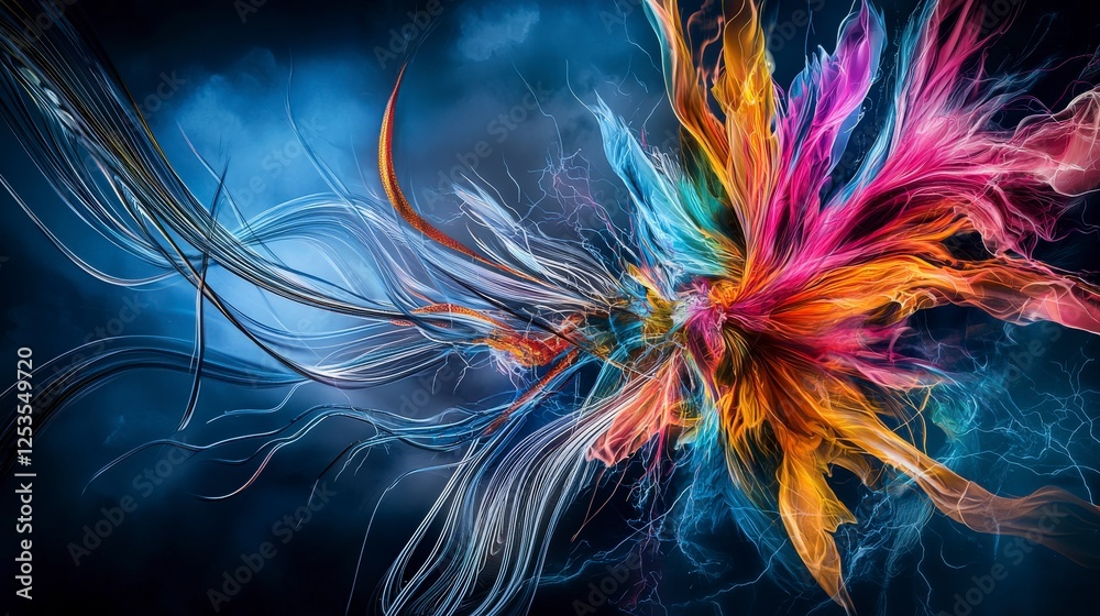 Poster swirling magnetic fields rendered as colorful fluid art abstract design digital artwork vibrant envi
