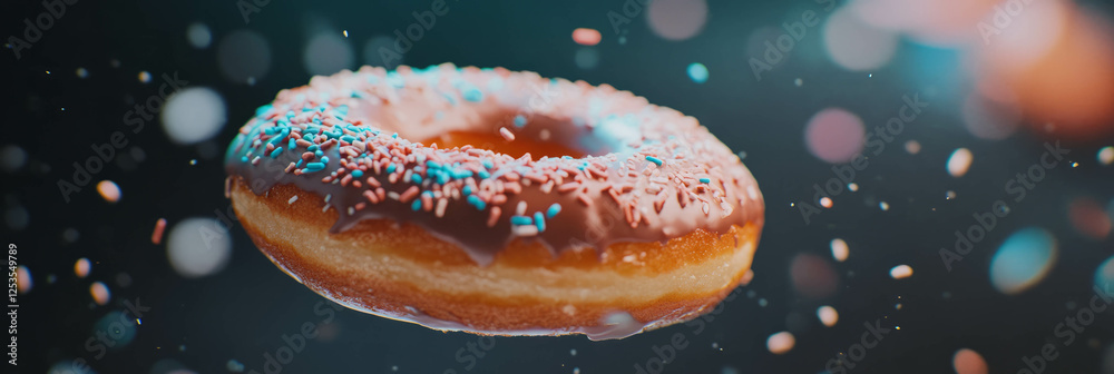 Poster delightful chocolate donut with frosting and sprinkles against a bright background
