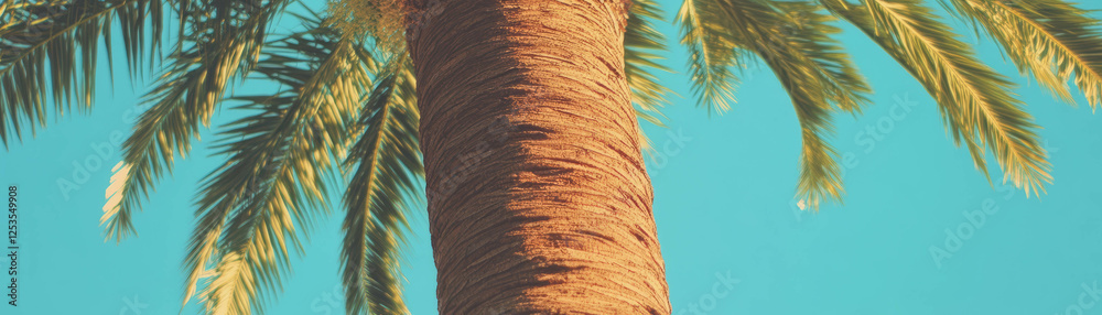 Poster Close-up view of palm tree trunk showcasing textured bark against a bright background