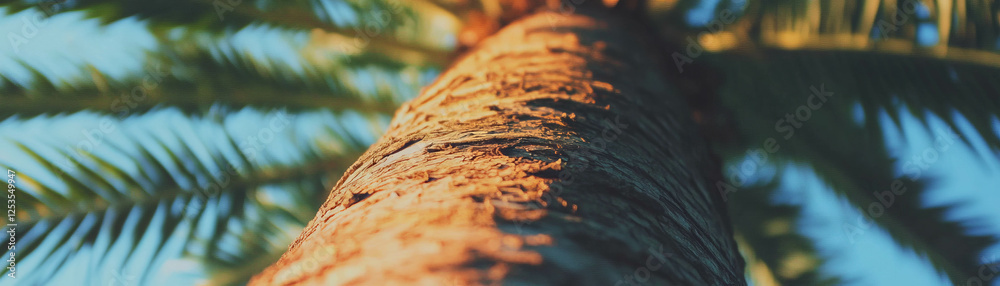 Poster Textured bark of palm tree trunk against a bright background in a tropical environment