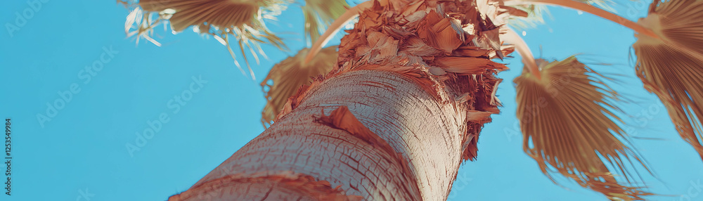 Aufkleber close-up view of a palm tree trunk showcasing textured bark against a bright sky