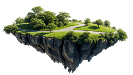 Title: Floating Island with Trees, Grass, and Path Isolated on transparent Background