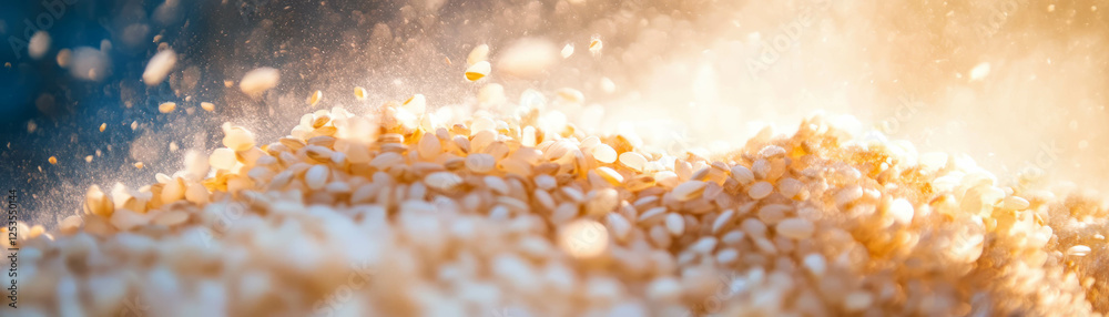 Aufkleber close-up of rice grains being processed with motion blur and dust particles on bright backdrop