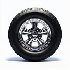 Obraz premium A classic car wheel with a chrome rim featuring vintage detailing, paired with a wide black tire, standing upright against a minimal white background 