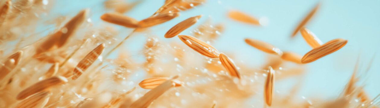 Rice grains in motion, being threshed and scattered against a bright background