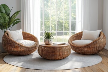 Minimalist sunroom design featuring woven furniture bright natural light modern aesthetic cozy atmosphere interior photography