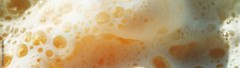 Poster close-up view of sea foam resting on wet sand with bright background and textured details