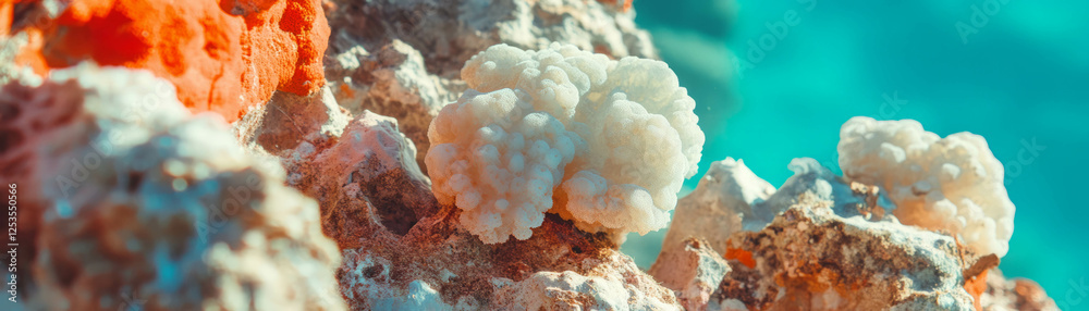 Aufkleber Textured coral washed up on a beach with a bright background for a vibrant display